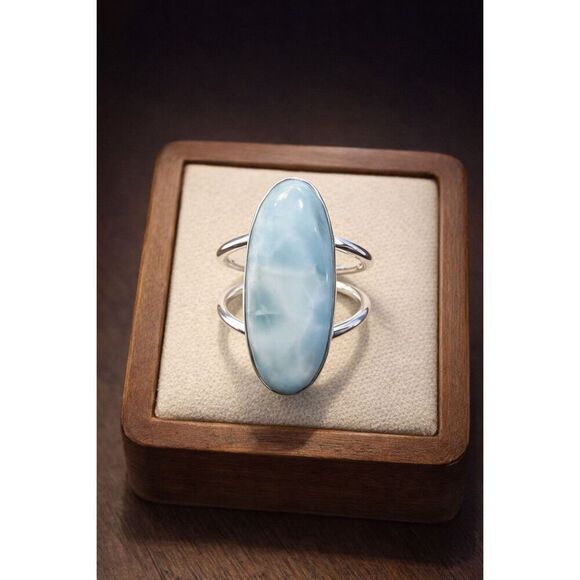 No Brand Jewelry - Handcrafted Natural Oval Larimar Ring Silver Split Shank Jewelry Boho Size 7
